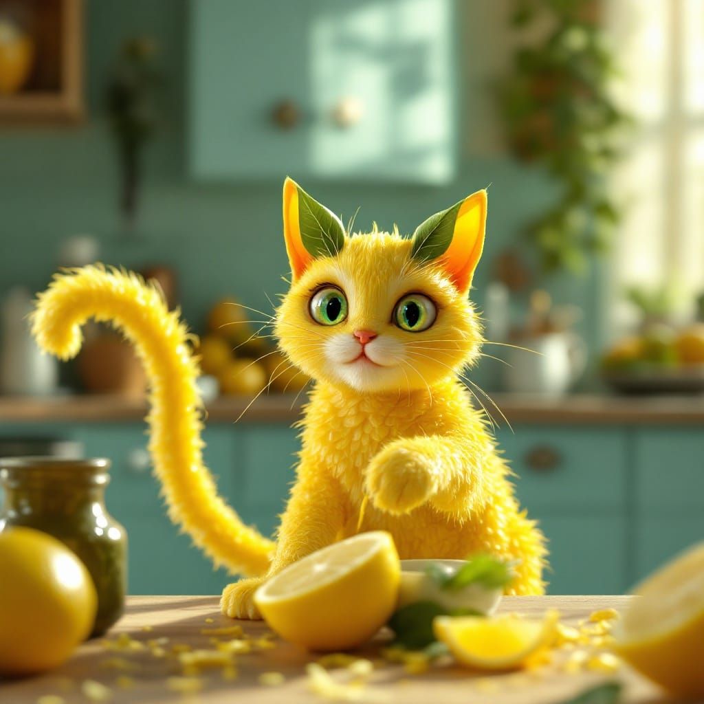 Whimsical CGI Lemon Cat in Retro Kitchen