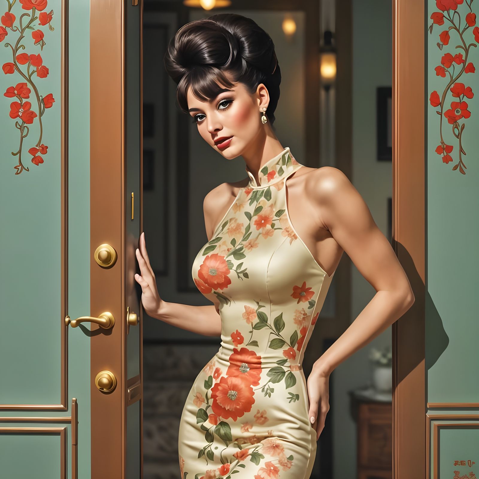 Impressionist Cubism Portrait of a 1960s Beauty in Floral Qi...