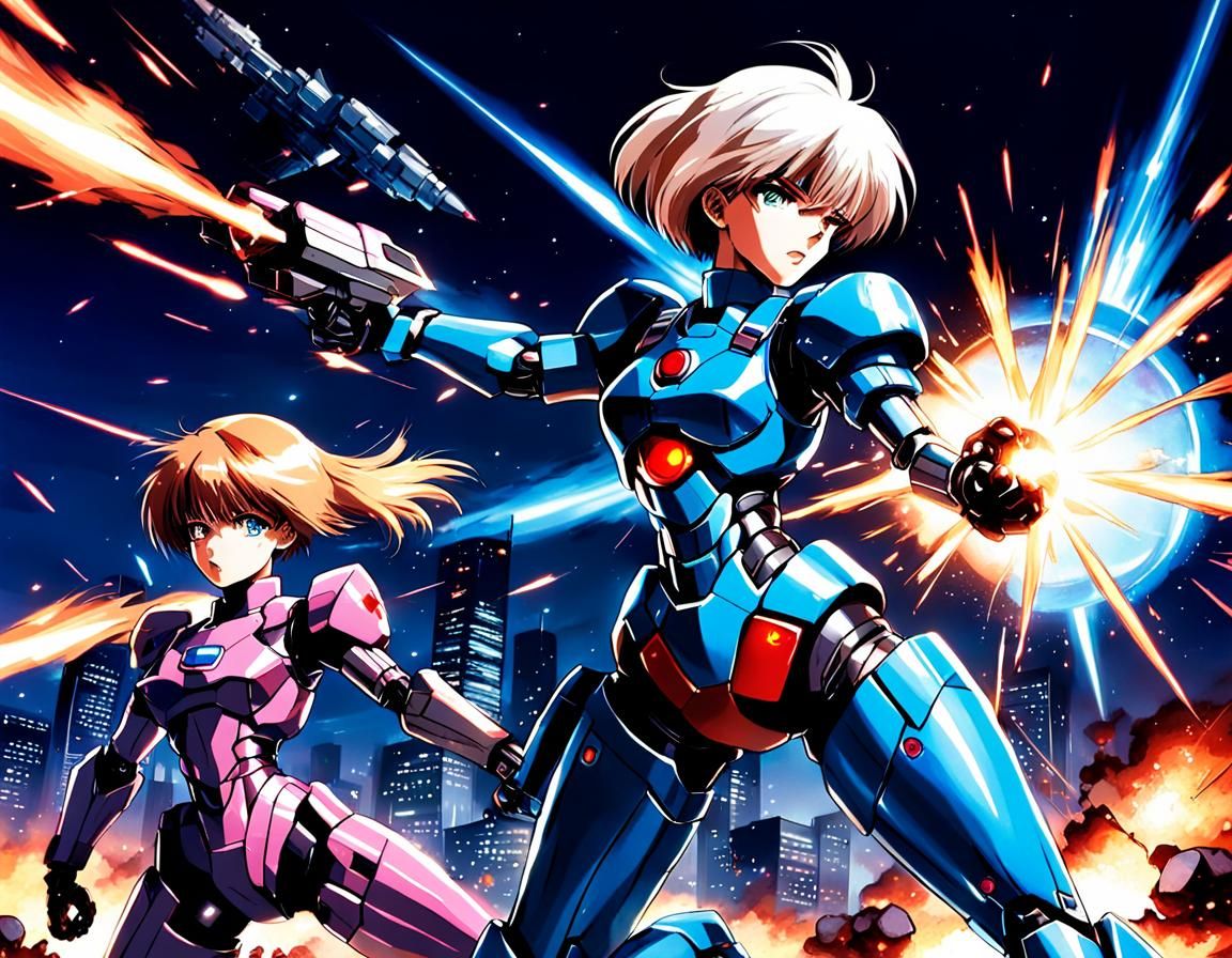 Pris Battles Cyborg Amidst Explosions in Anime Style