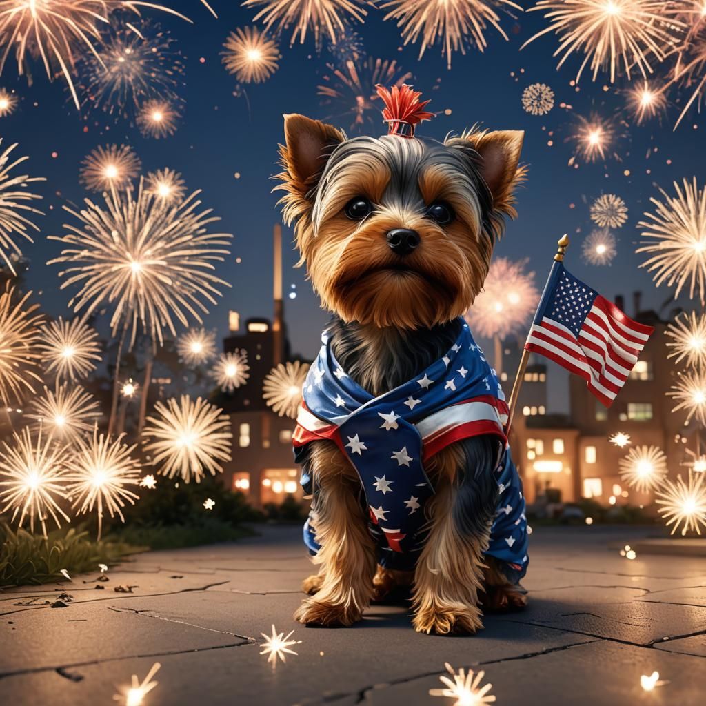 Yorkie in American Flag: Hyperrealistic Digital Art