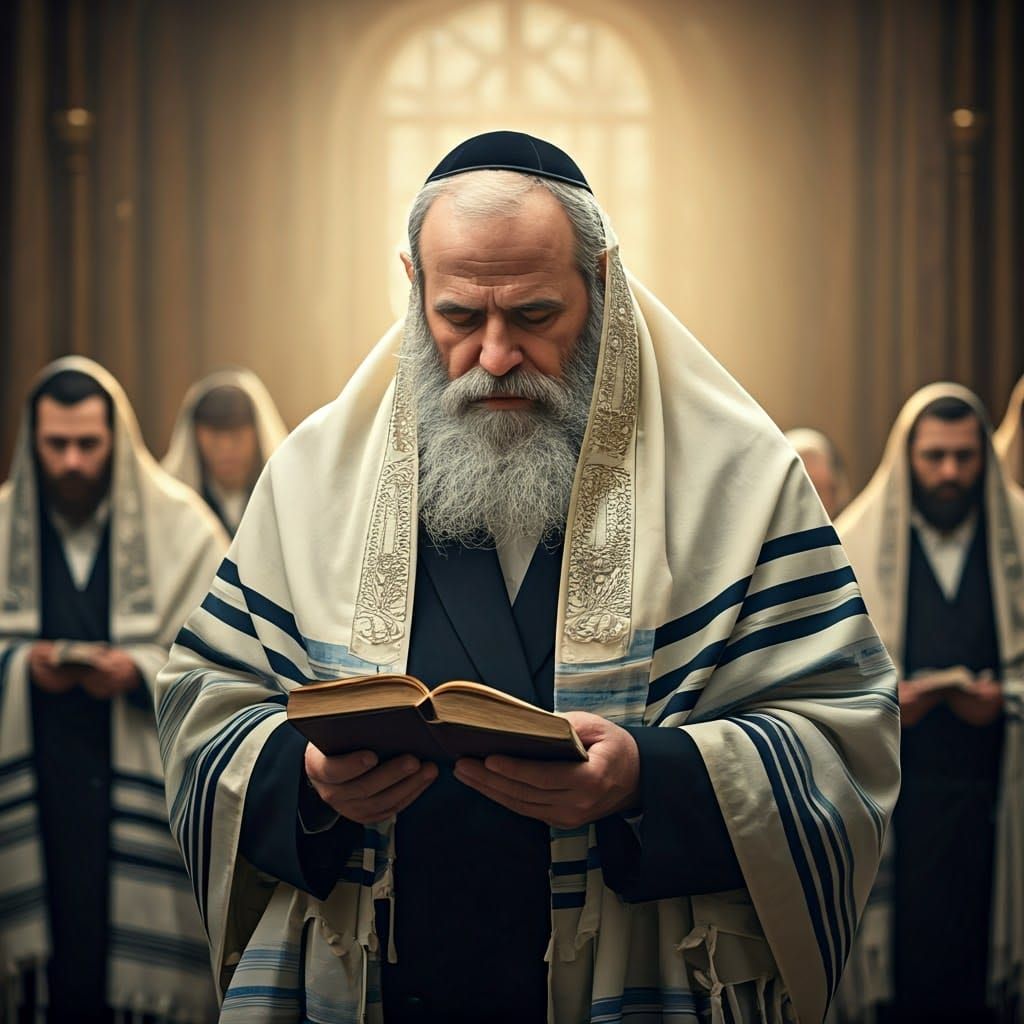 Devout Rabbi Praying with Orthodox Jews