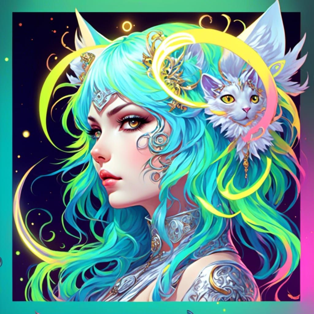Glowing Neon Anime Catgirl Goddess