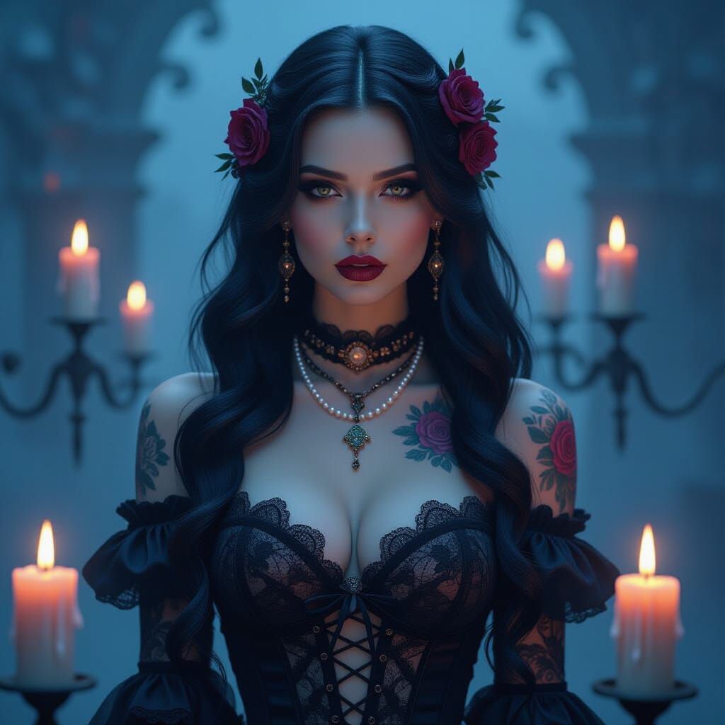 Gothic Woman with Roses and Floating Candles