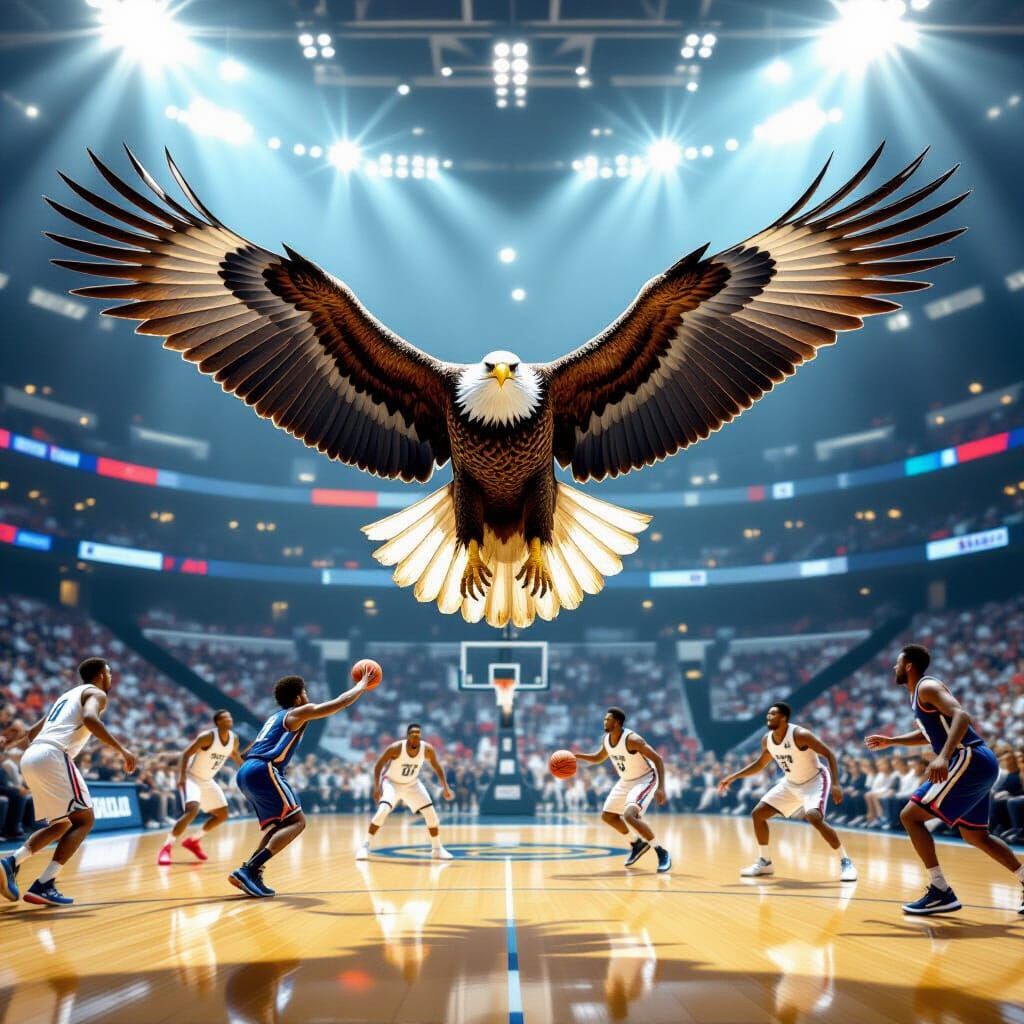 Eagle Soaring Over Basketball Court: Wildlife and Sports Art