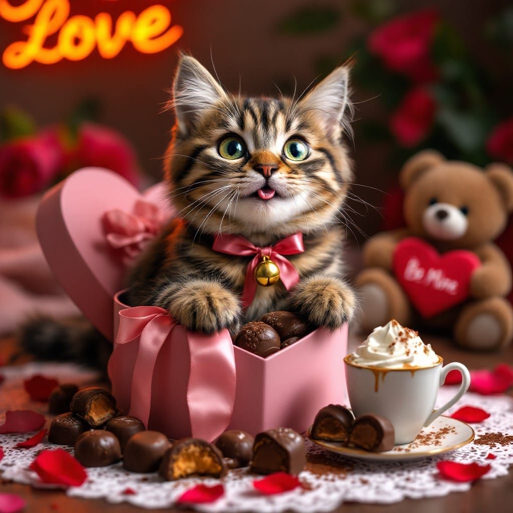 Whimsical Valentine Kitten in Chocolates