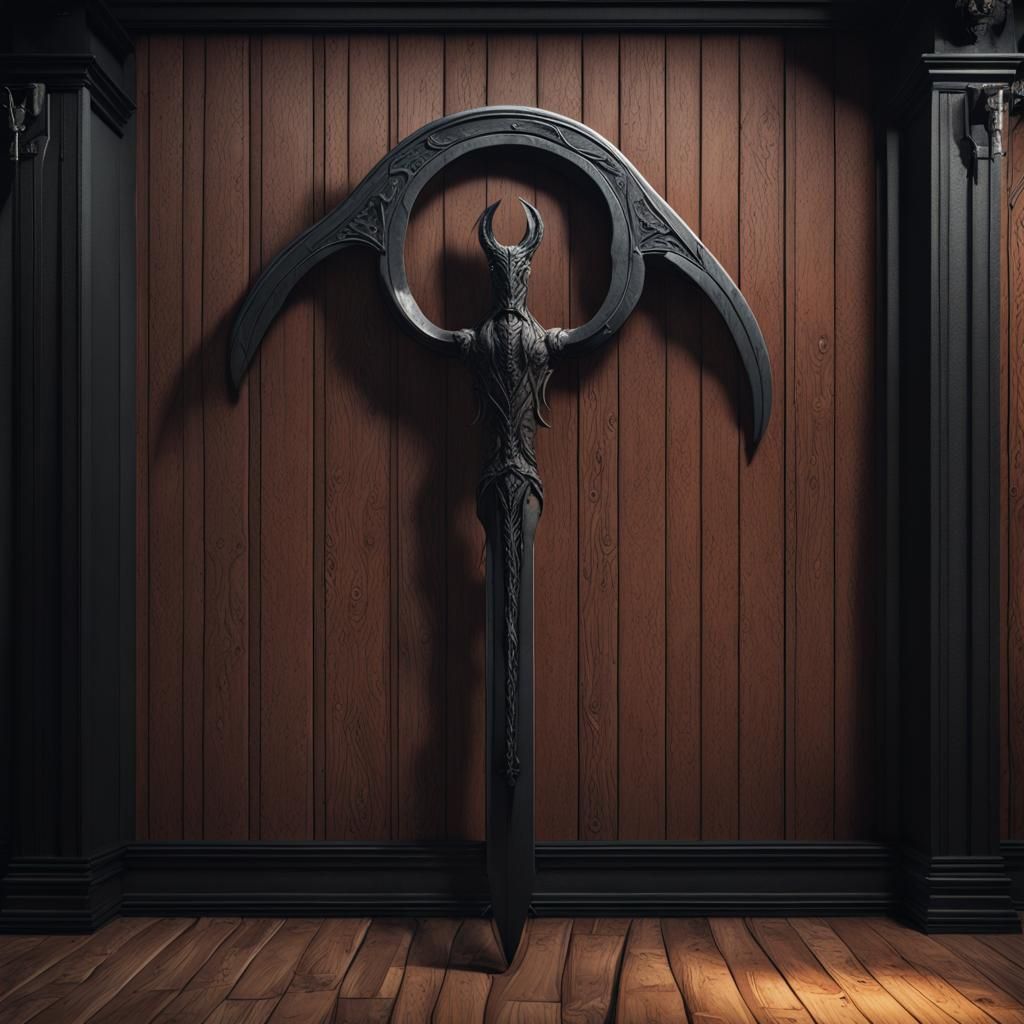 Black Scythe Piercing Wooden Wall: Fantasy Concept Art