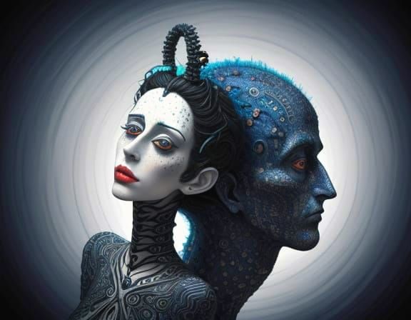 Surreal Figures with Bluebell Heads and Zentangle Patterns