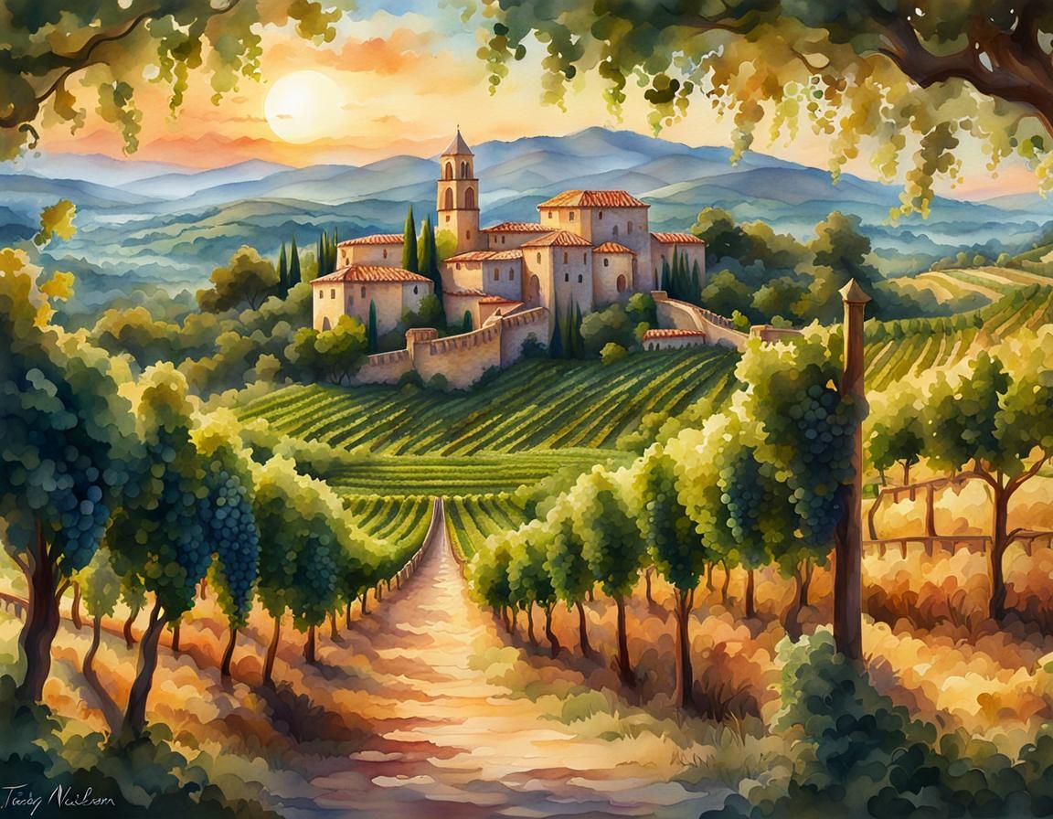 Mediterranean Vineyard at Sunrise: Digital Watercolor Art