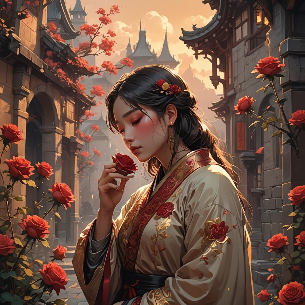Woman Kissing Rose: Gothic Japanese-Inspired Portrait