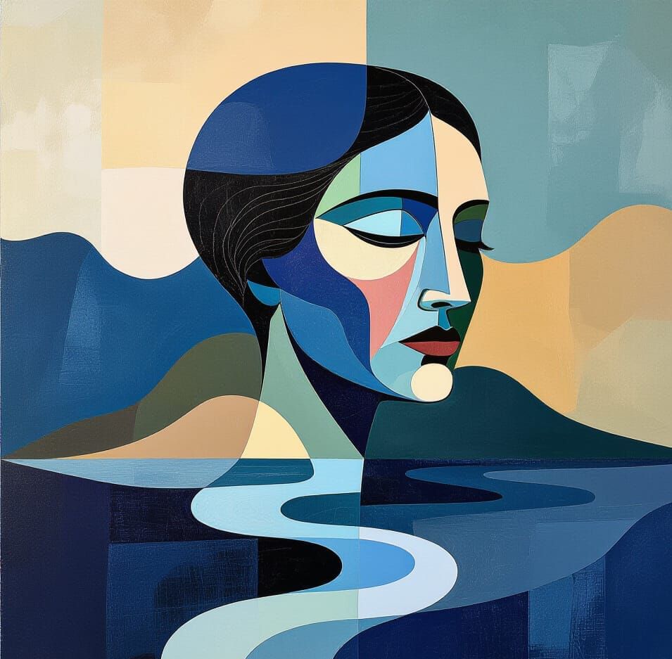 Surreal Abstract Island in Cobalt and Khaki