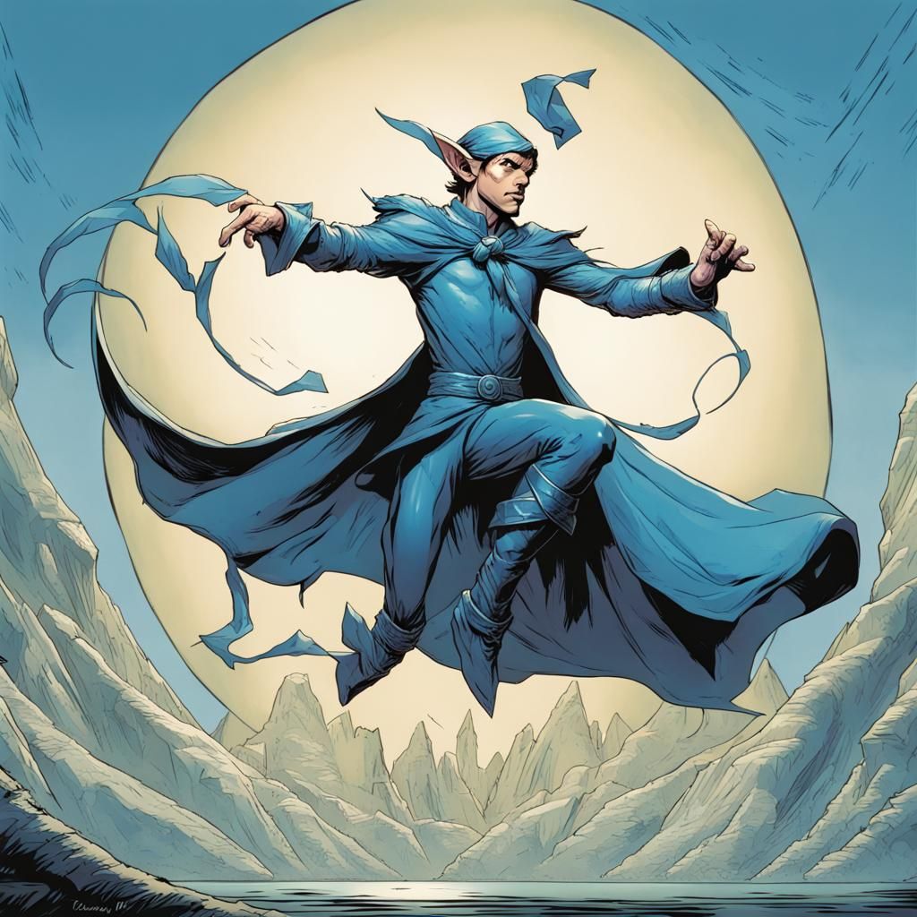 Levitating Elf with Bow in Comic Book Style