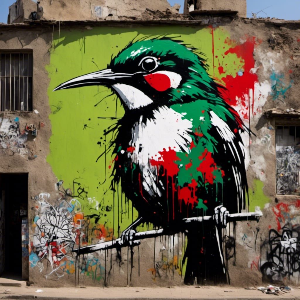 Palestinian Sunbird Graffiti Mural in Neo-Expressionism Styl...