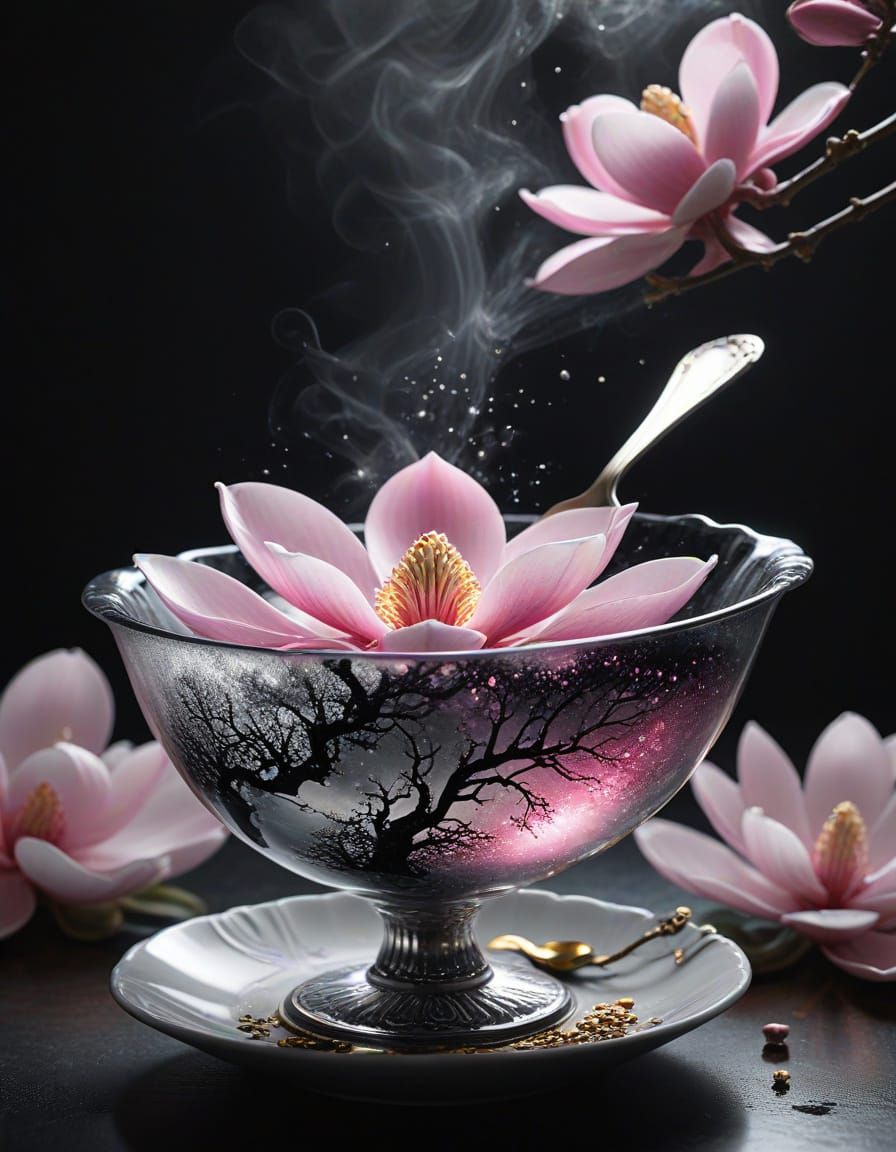 Surreal Silver Spoon with Glowing Magnolia in Black, White, ...