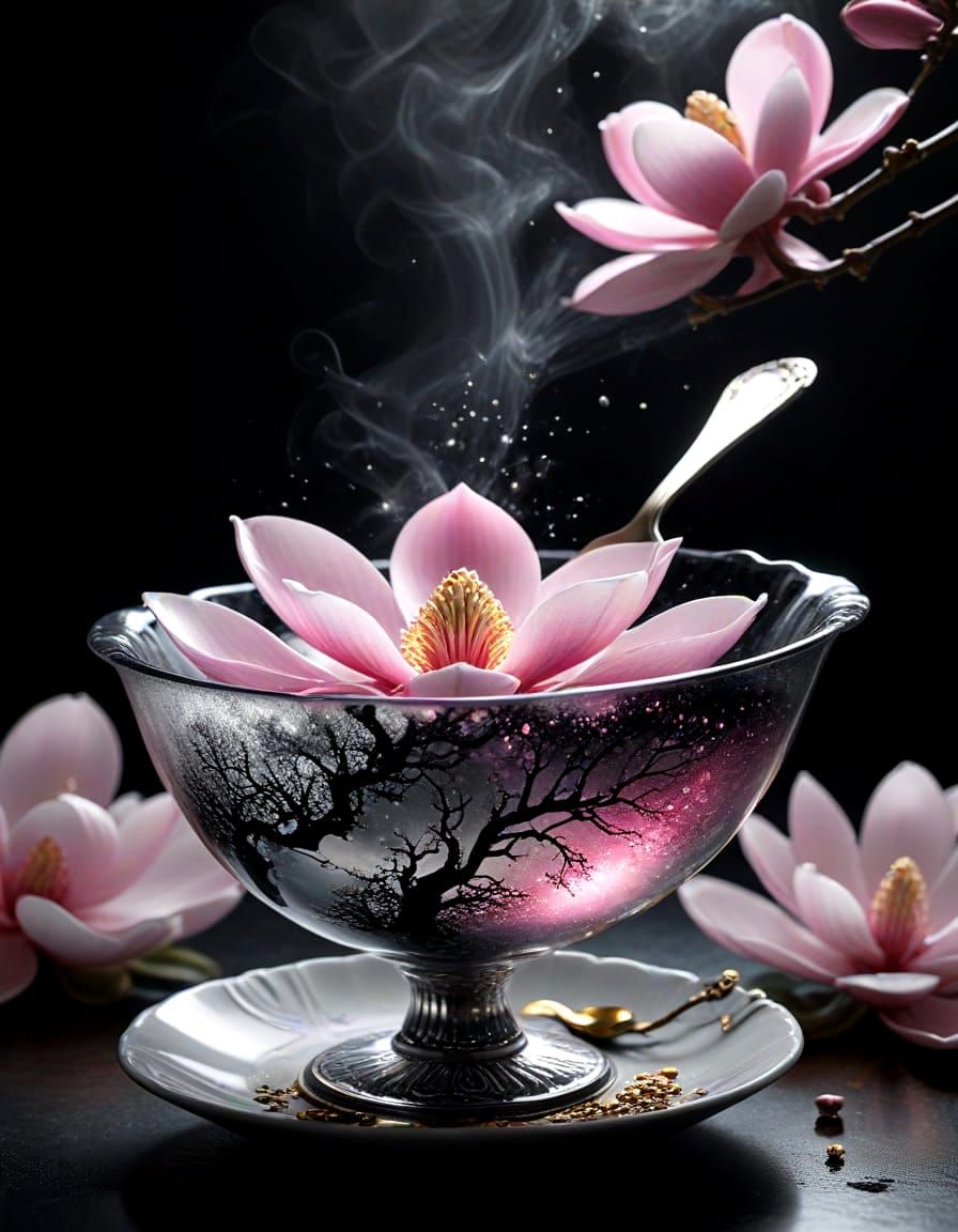 Surreal Silver Spoon with Glowing Magnolia in Black, White, ...