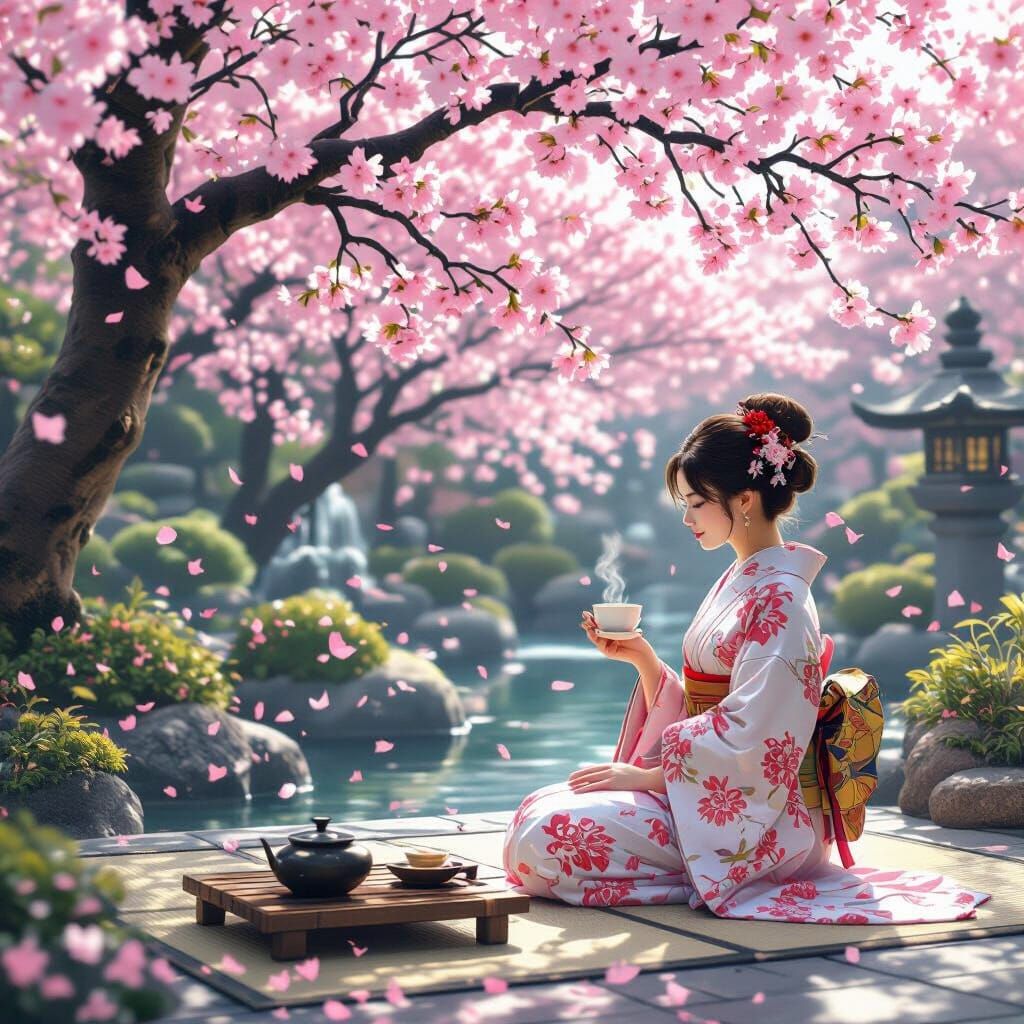 Serene Tea Garden in Hyperrealistic Style