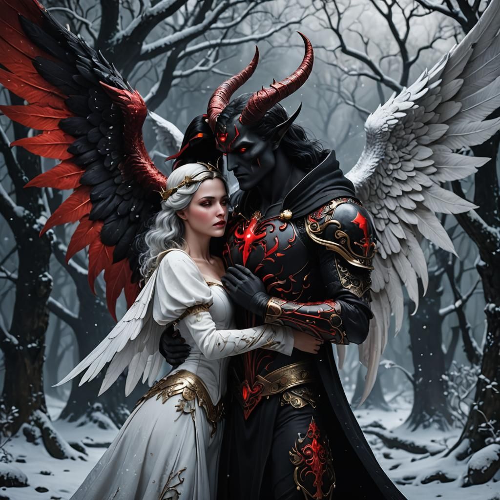 Demon and Angel Embrace in Detailed Fantasy Art