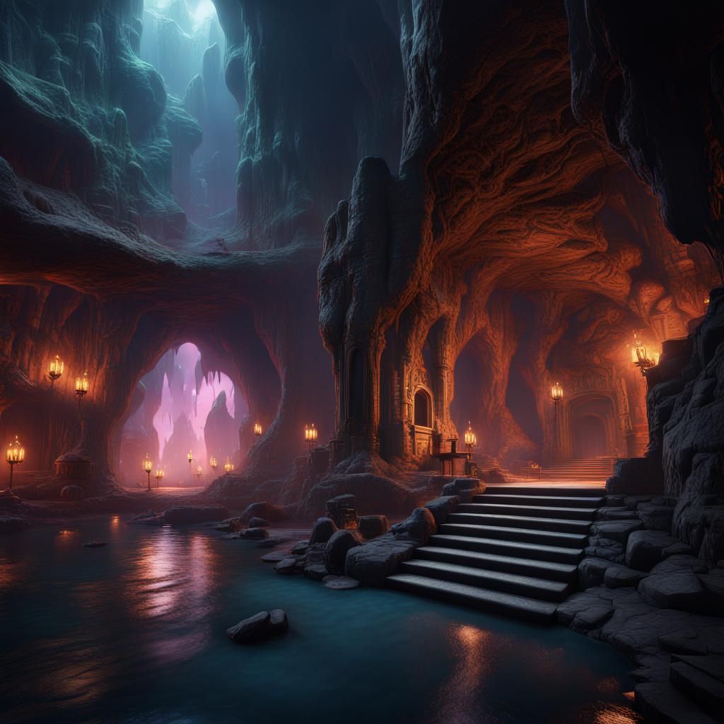 Fantastical Dark Magic City in Caves, Matte Painting