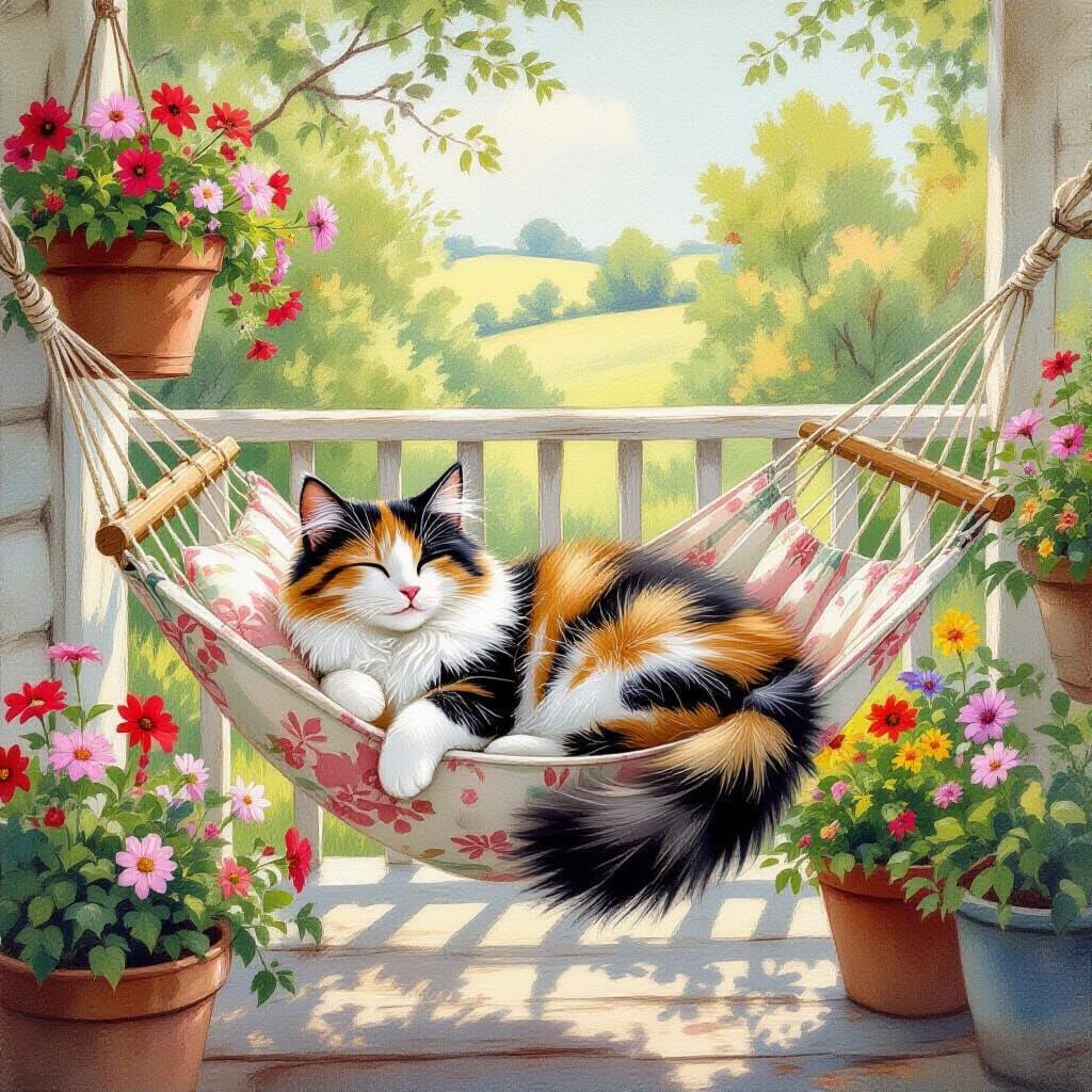 Calico Cat in Hammock, Farmhouse Verandah Scene