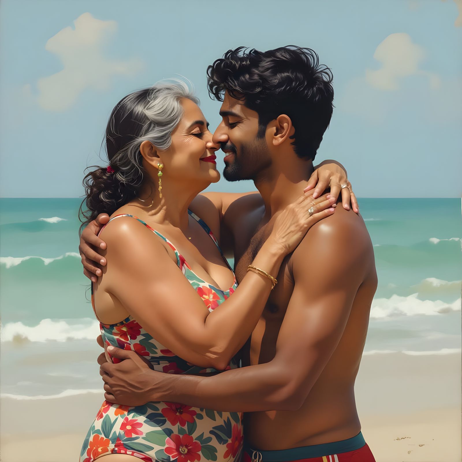 Heartwarming Embrace: Indian Woman and Man in Swimwear