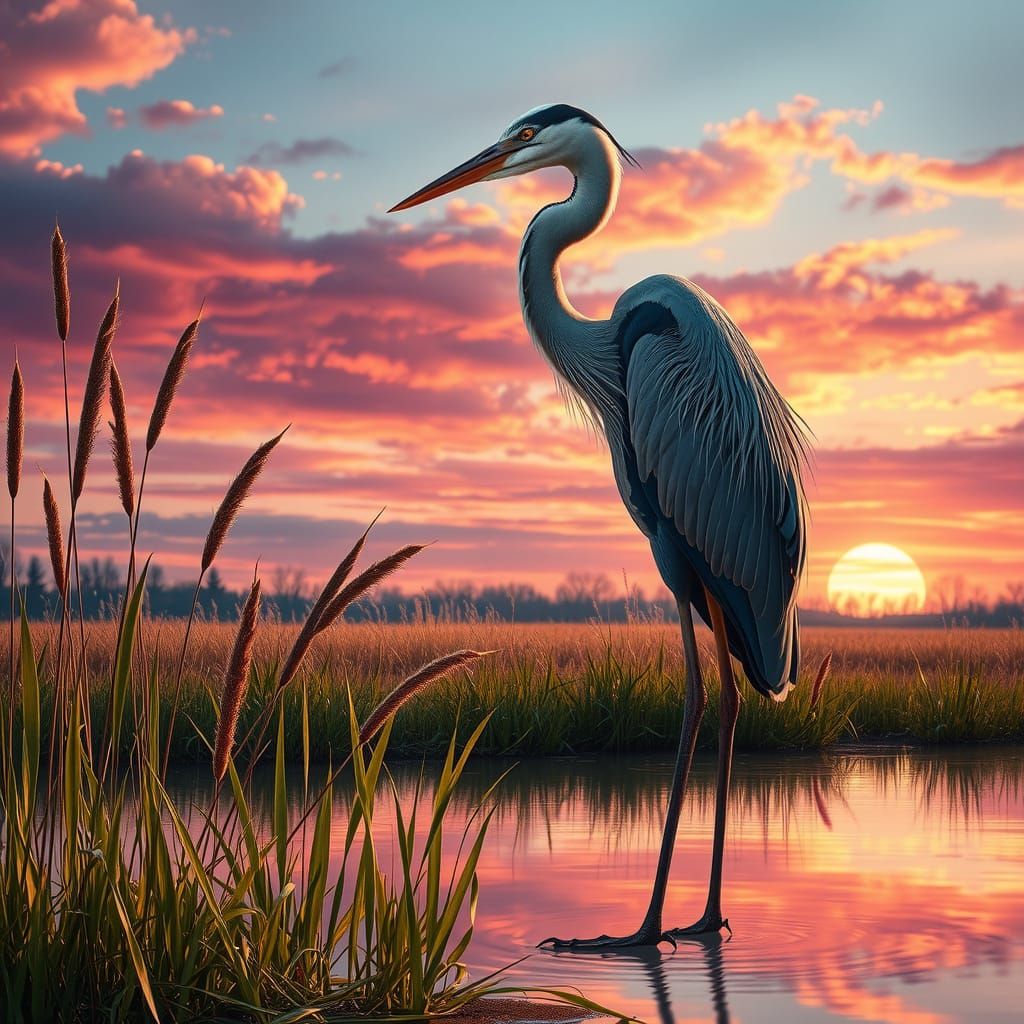 Elegant Heron in Marshland Sunset: Photorealistic Fantasy