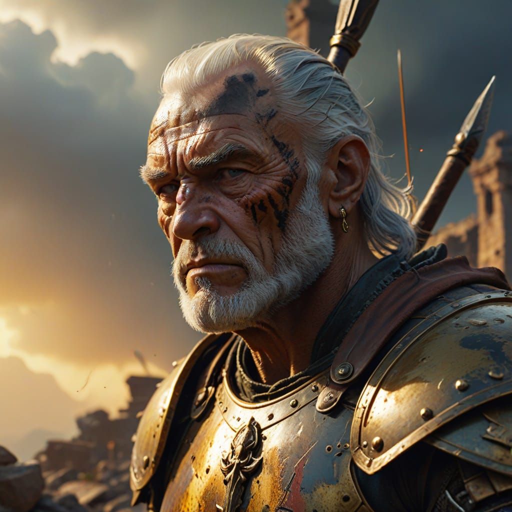 Battle-Worn Warrior Leaning on Spear in Frazetta Style