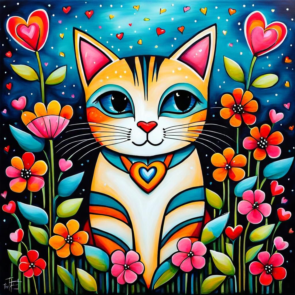 Colorful Pop Art Cat with Flowers