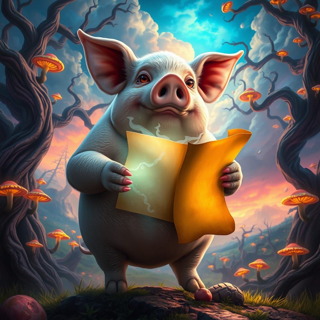 Majestic Pig Hero Stands Amidst Dreamlike Landscape