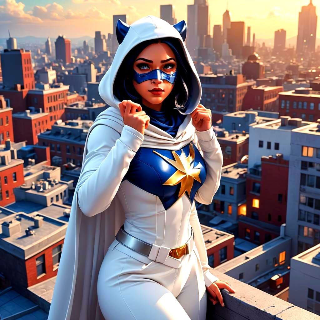 Masked Superheroine on Rooftop, 3D Digital Art