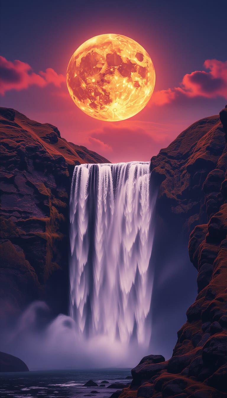 Majestic Red Waterfall Under Melting Moon