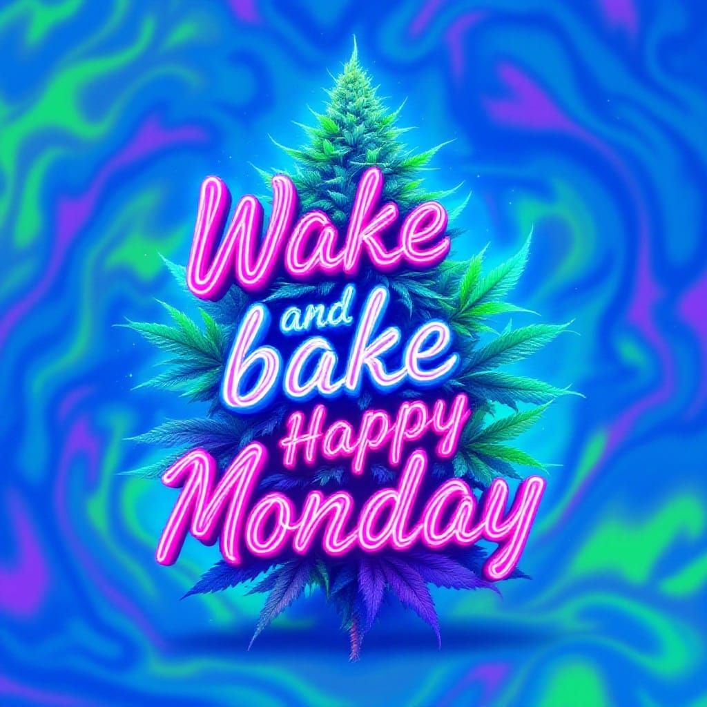 Wake and Bake Happy Monday in Neon Cursive Letters