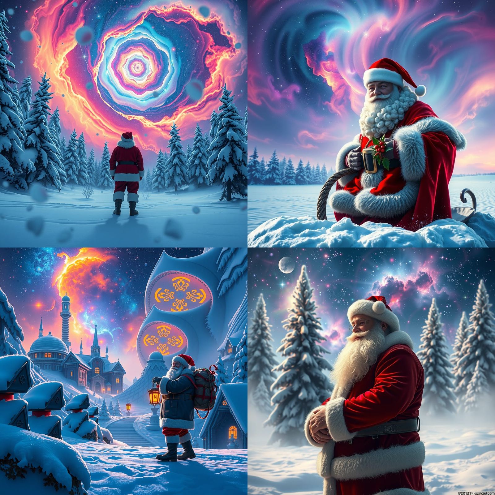 Santa Claus and Multicolored Nebula, Detailed Matte Painting