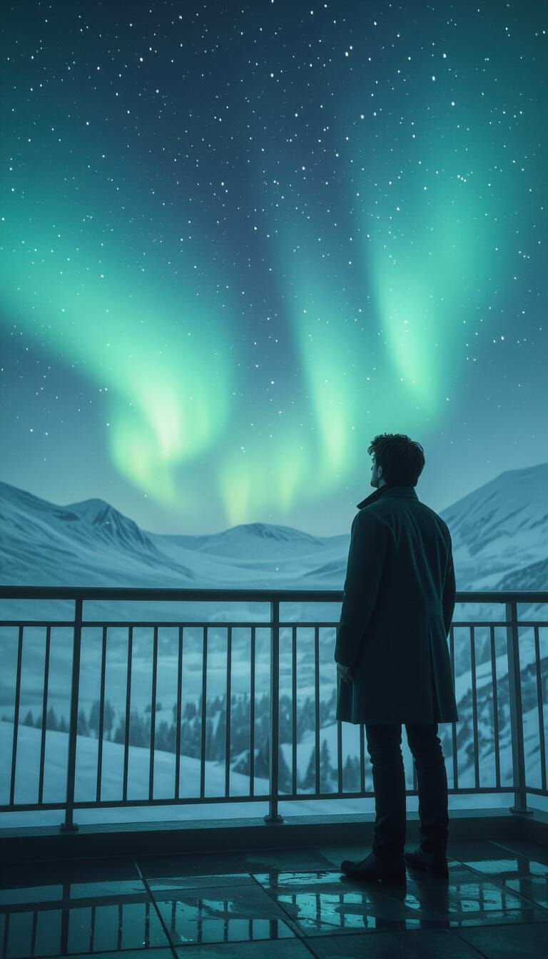 Man Gazing at Northern Lights in Cinematic Still