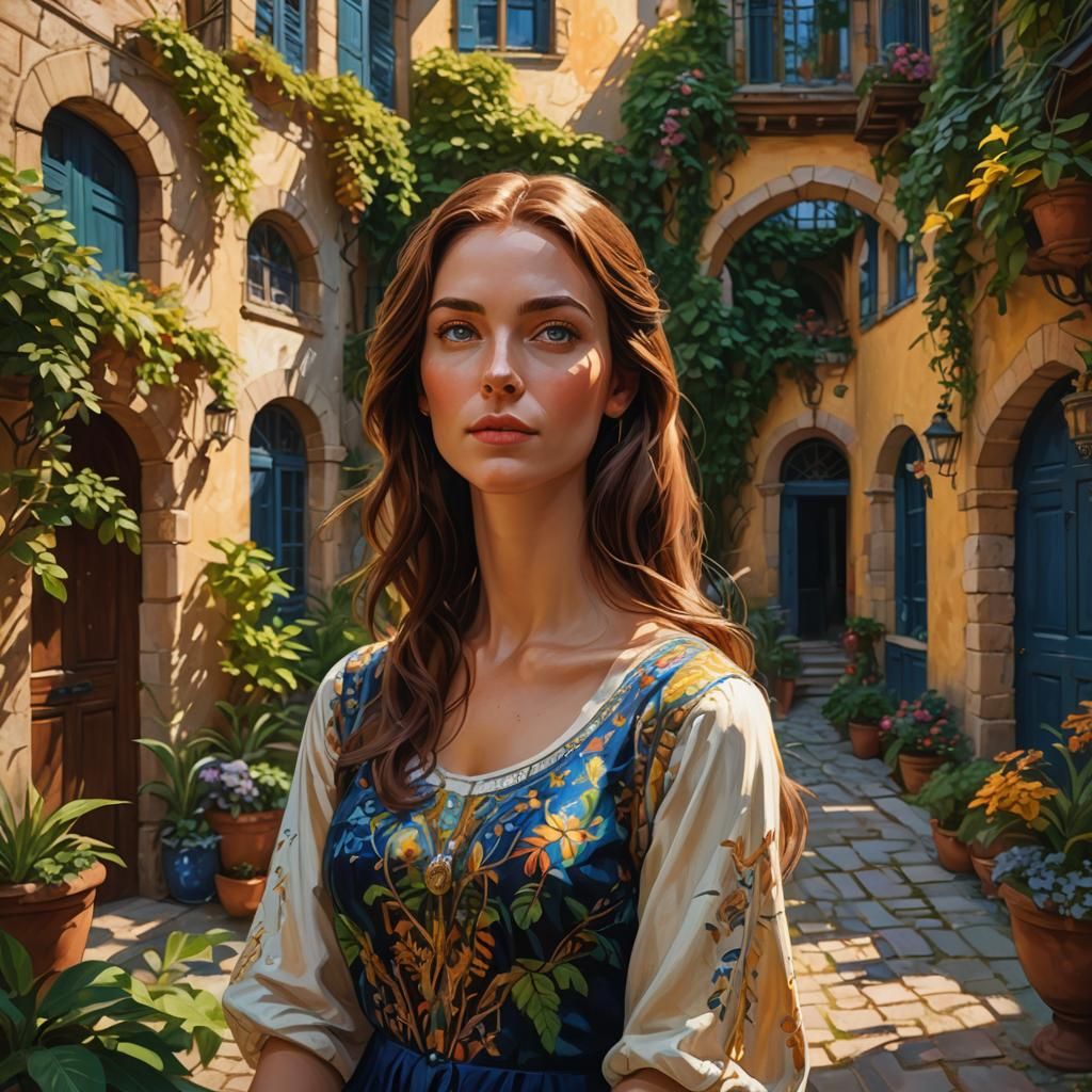 Woman in Sunlit Courtyard: Fauvist Digital Art