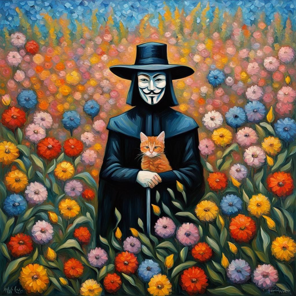 V for Vendetta Surrounded by Flowers: Expressionist Oil Pain...