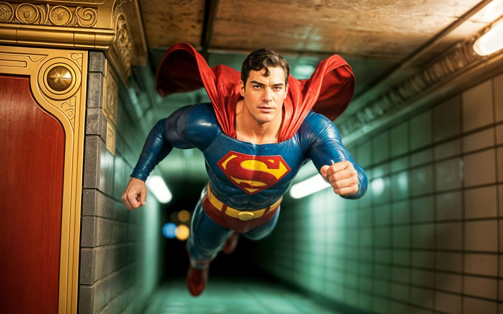 A diecast Superman flys through A narrow underground service tunnel, deel beneath Metropolis, cape billowing behind him.
