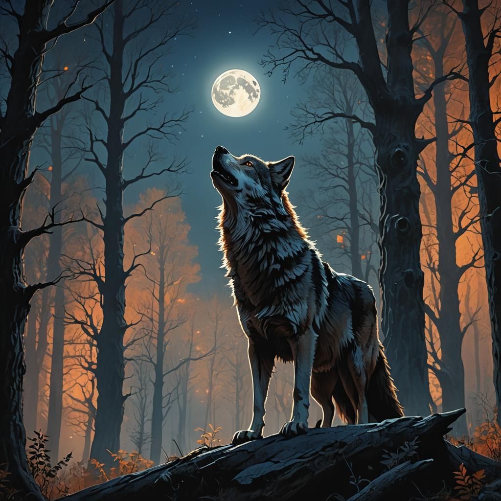 Lone Wolf Howling in Moonlit Fantasy Landscape