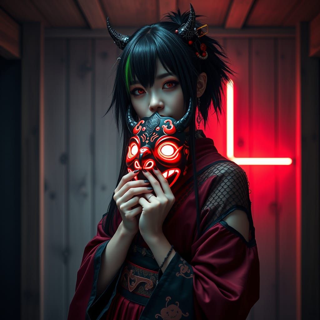 Elegant, Edgy Cyberpunk Geisha in Dark, Futuristic Setting