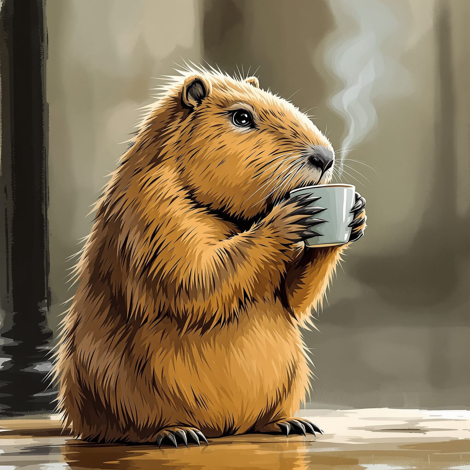 Capybara Standing and Drinking Coffee