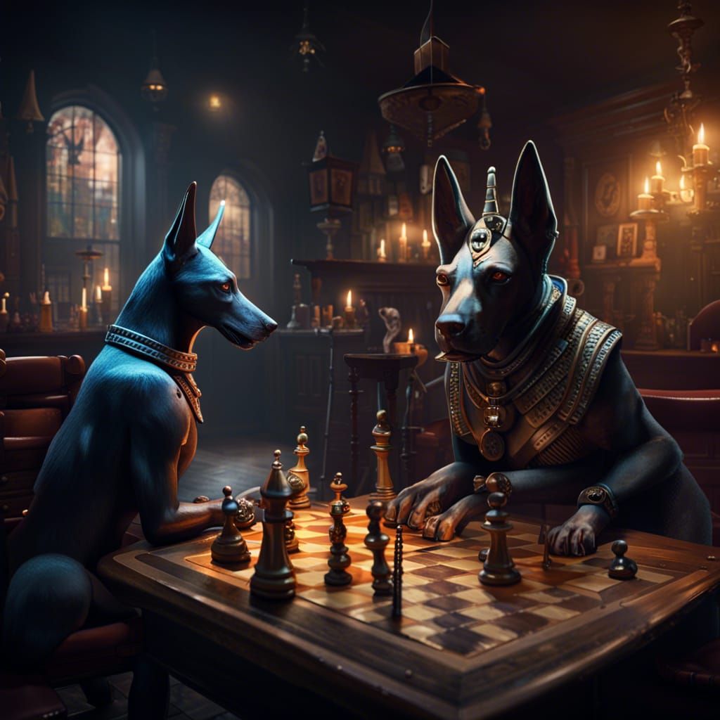 Anubis and Dog Play Chess in Haunted Pub