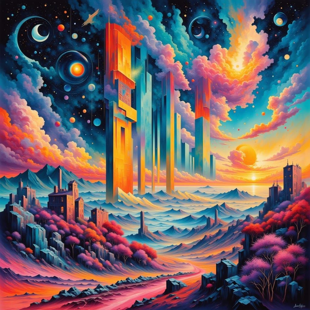 Surreal Dreamscape with Brutalist Structures, Digital Art