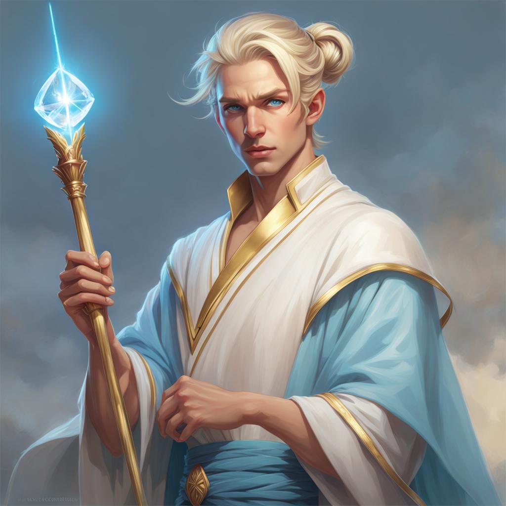 Blond Wizard Portrait with Gold Staff in Fantasy Style