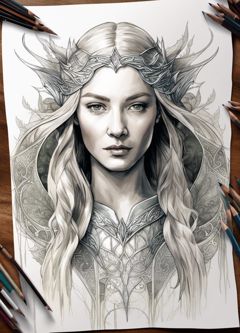 Sketch portrait on collage of lady Galadriel v.2