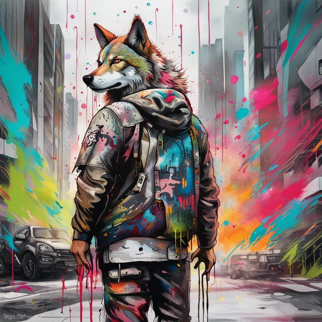 Wolf Warrior in Graffiti Street Art Style