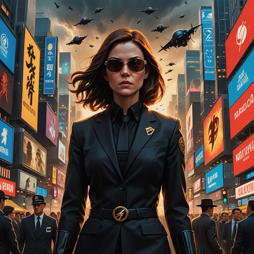 Woman in Black in Crowded City Square