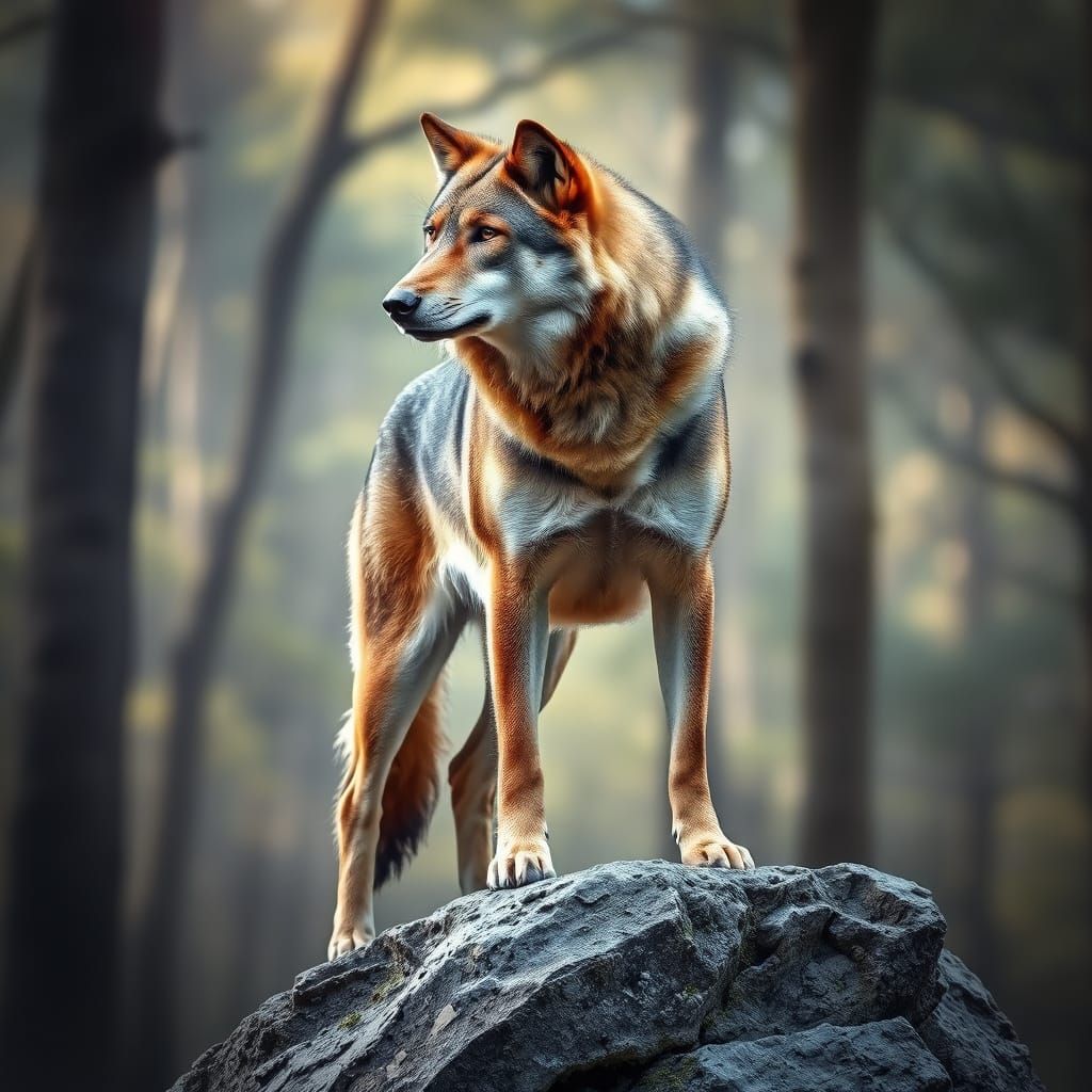 Wolf Standing on Rock in Ethereal Forest Landscape