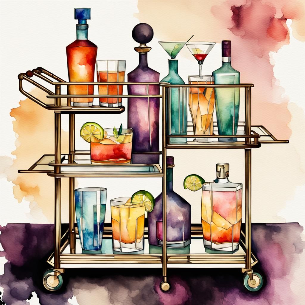 Art Deco Drinks Trolley with Cocktail Glasses