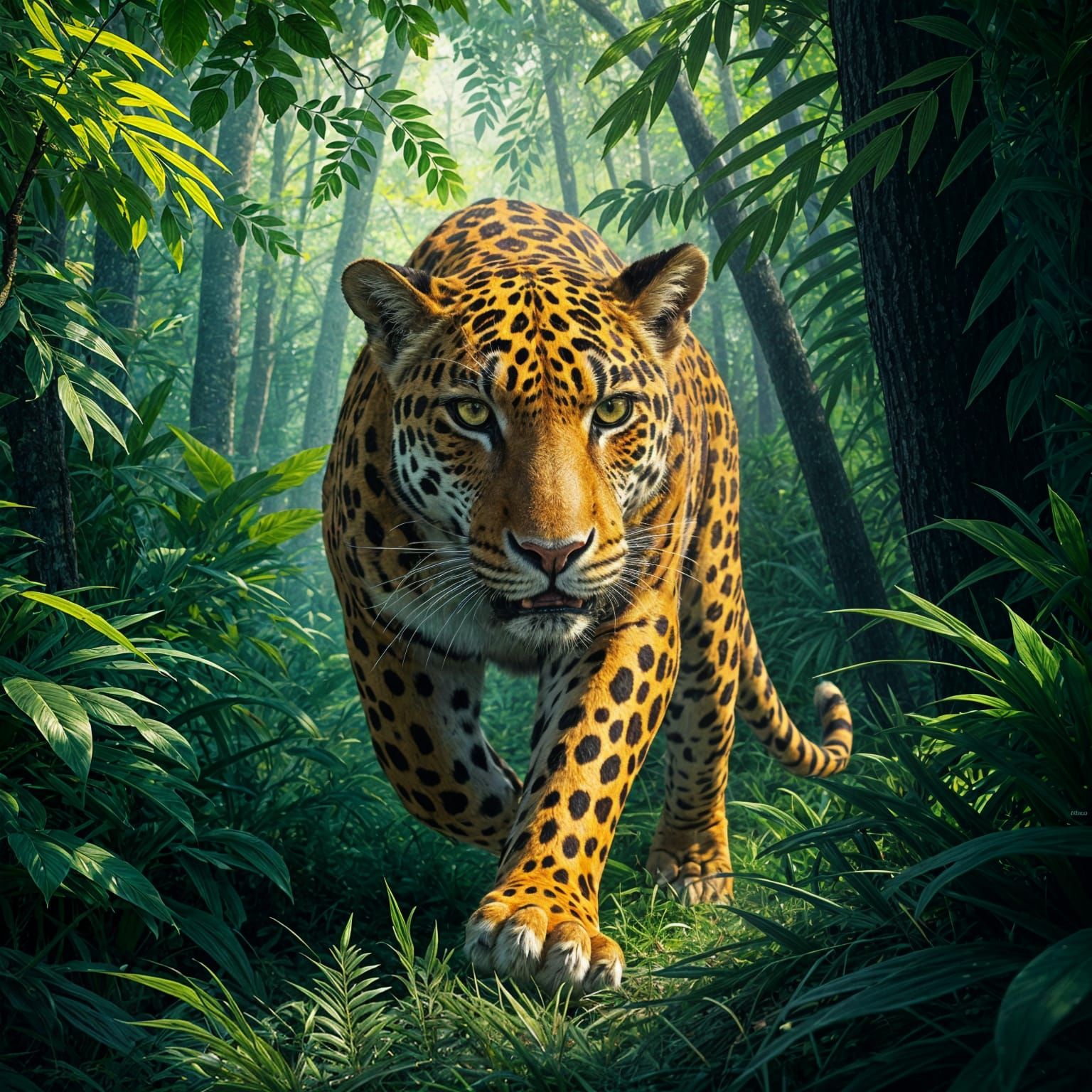 Majestic Jaguar in Hyperrealistic Jungle Scene