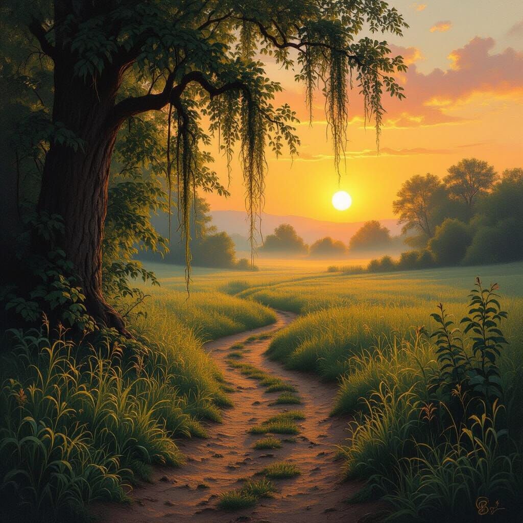 Enchanting Pathway Through Lush Landscape at Sunset