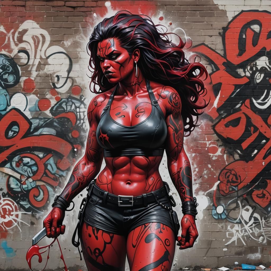 Sensual Punk Red She-Hulk Graffiti Art