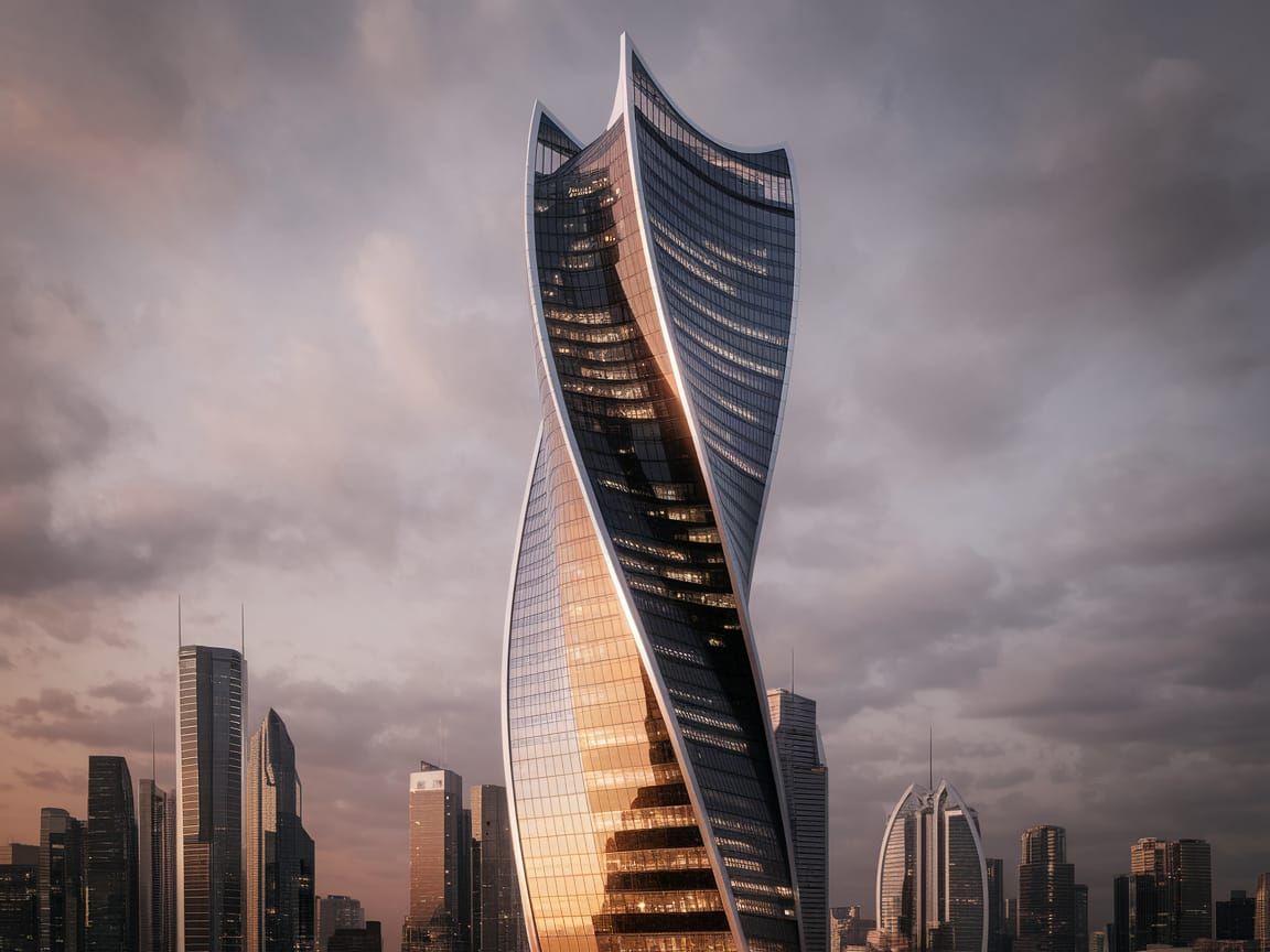 Futuristic Skyscraper with Wavy Design at Dusk